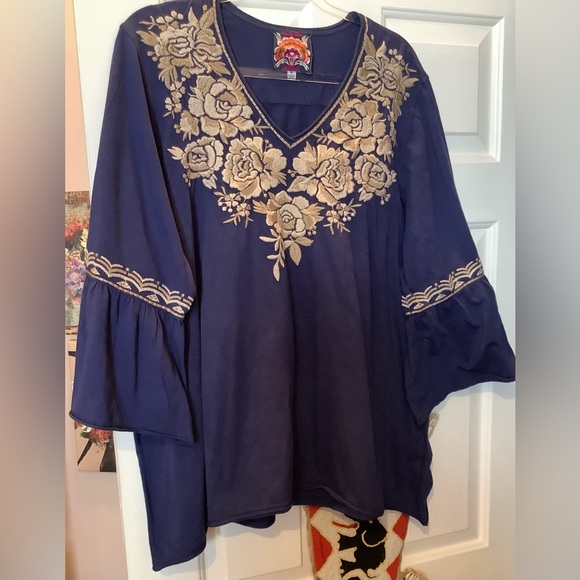 Johnny Was Tops - Johnny Was Embroidered Navy Tunic With Three Quarter Length Sleeves, Size 2X.